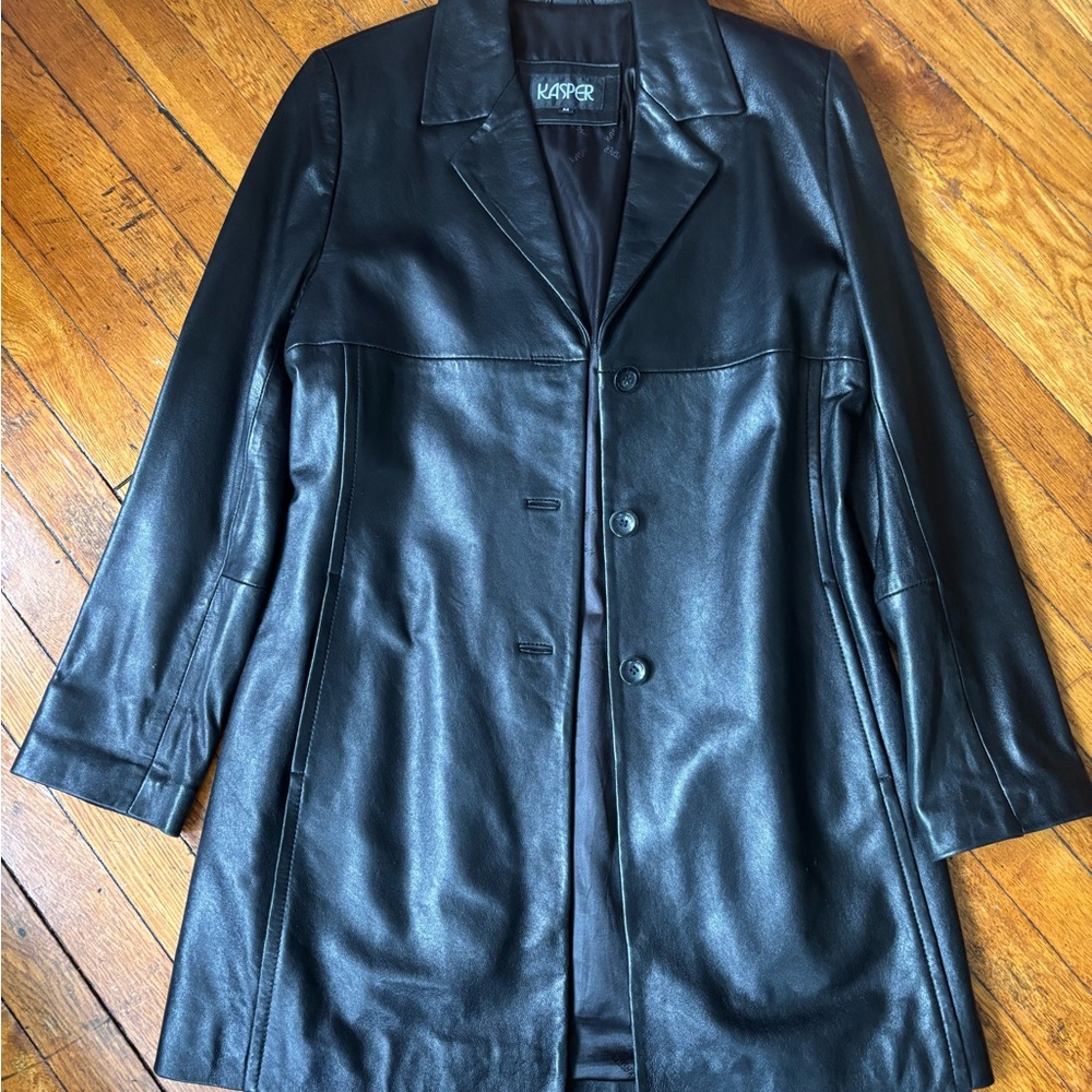 KASPER BLACK SMOOTH LEATHER JACKET SIZE MEDIUM